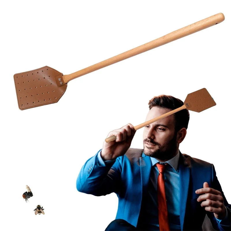 PU Leather Fly Swatter Long Handle Beechwood Manual Fly Exterminator Outdoor Portable Mosquito Repellent Swatters