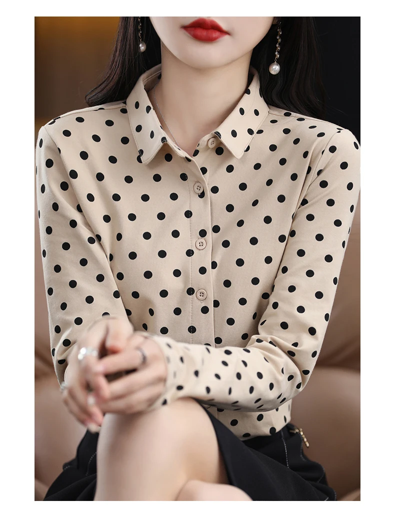 Women's New 100% Cotton Soft Sweater Polka-dot Knitted Polo Collar Long Sleeve Cardigan Spring Summer Shirt Ladies' Blouse Top