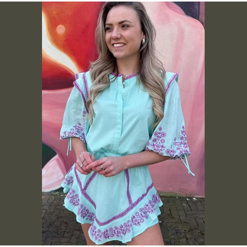 Printed Ruffles Shorts Two Piece Set for Women - Half Sleeve Lace Up Shirt and Matching Shorts for Summer. High Street Fashion