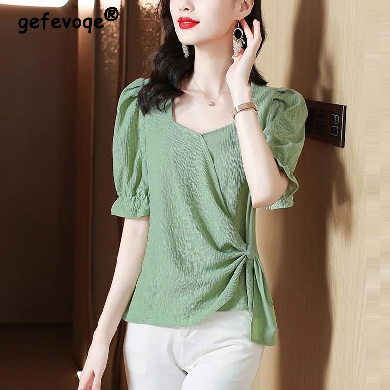 Women Clothing Summer Korean Fashion Elegant Irregular Blouse Office Lady Casual Short Sleeve Shirt Square Neck Solid Slim Tops