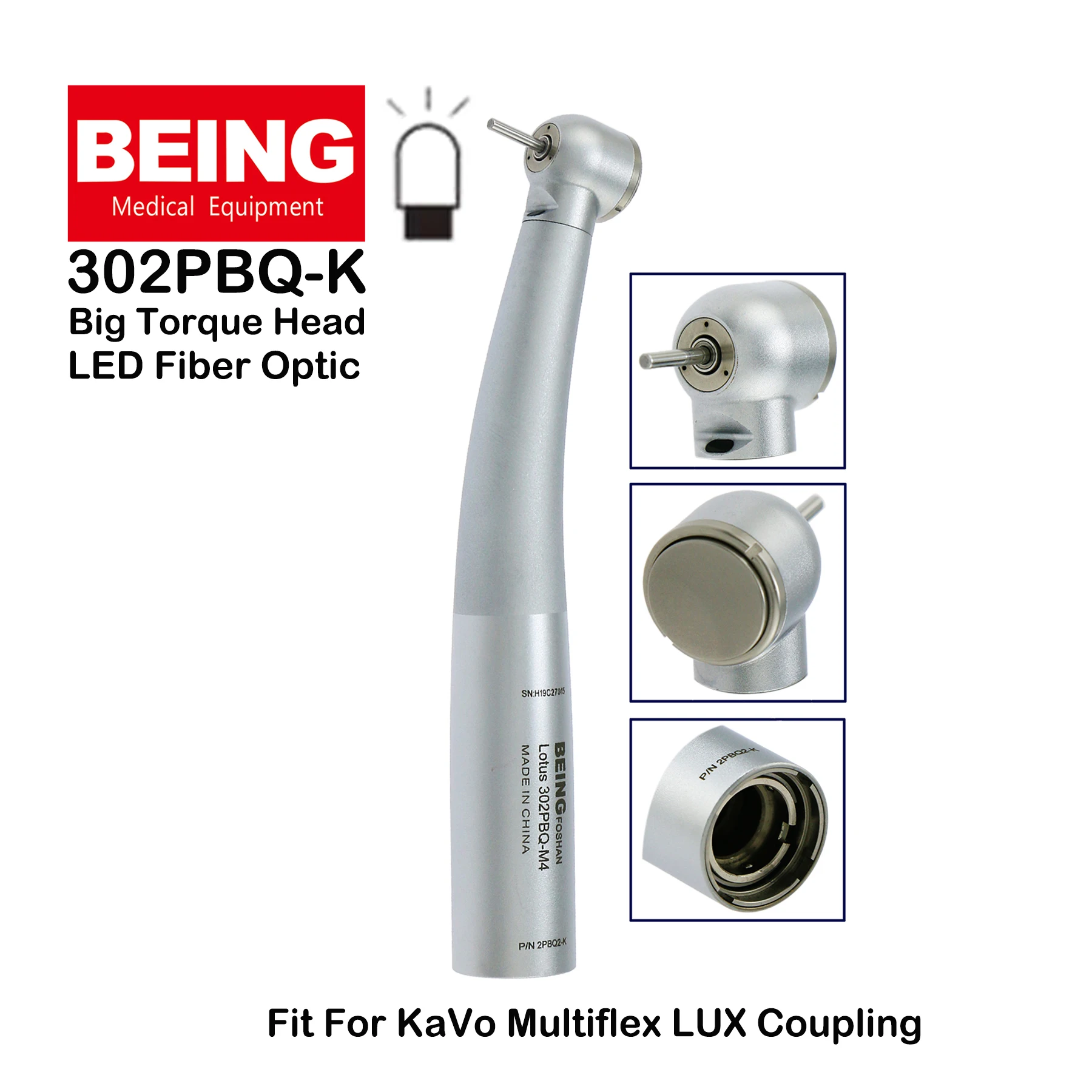 

BEING Dental LED Fiber Optic High Speed Big Torque Head Air Turbine Handpiece 302PBQ-K Fit KAVO Multiflex LUX Coupler Coupling