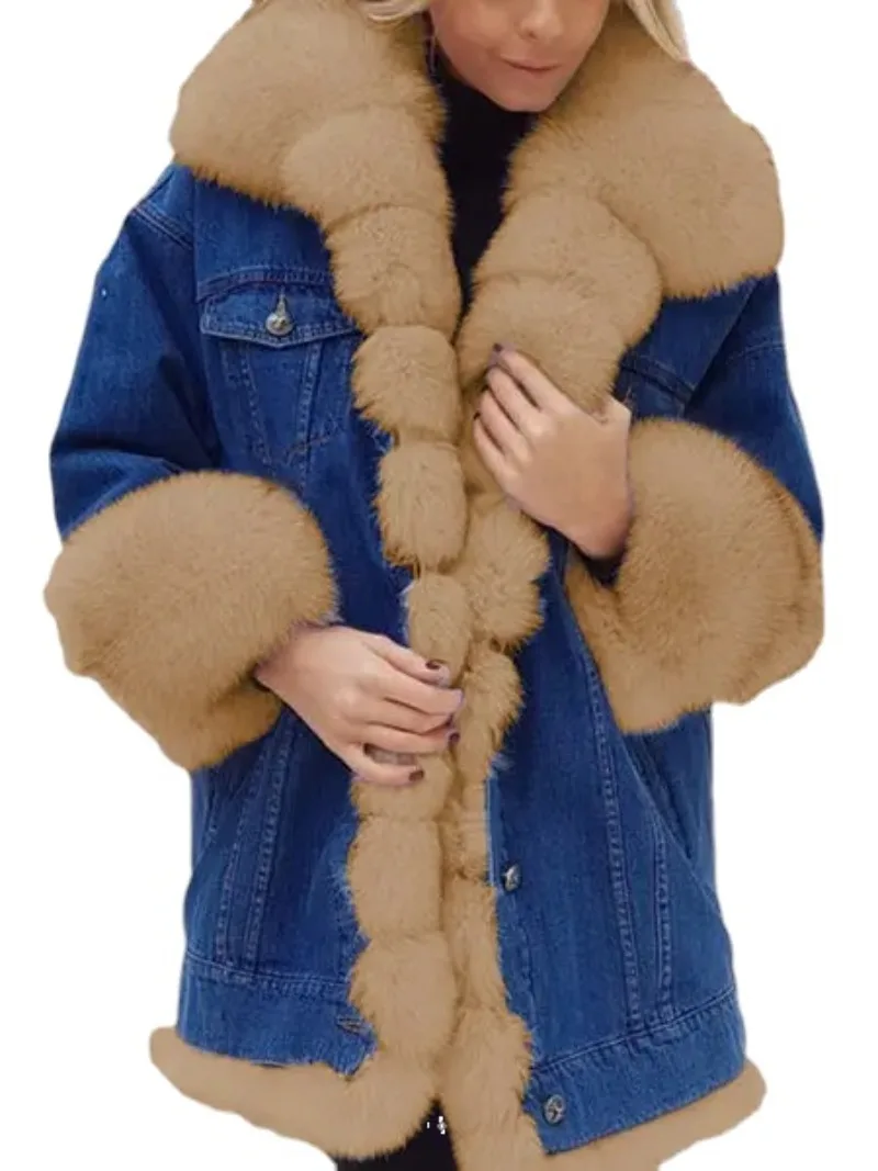 2023 Women Winter Faux Fur Hooded Coat Ladies Warm Thicken Demin Button Jacket Outwear Casual Fashion Women Overcoat