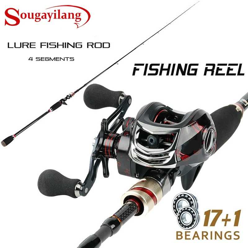 Sougayilang Casting Fishing Set 4 Sections Carbon Fiber Fishing Rod and 17+1BB Casting Reel Outdoor Travel
