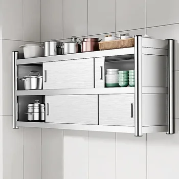 ตู้ครัวติดผนังสแตนเลสพร้อมประตูบานเลื่อน ชั้นวางของแข็งแรงทนทาน สำหรับใช้ในบ้านหรือร้านค้า 1