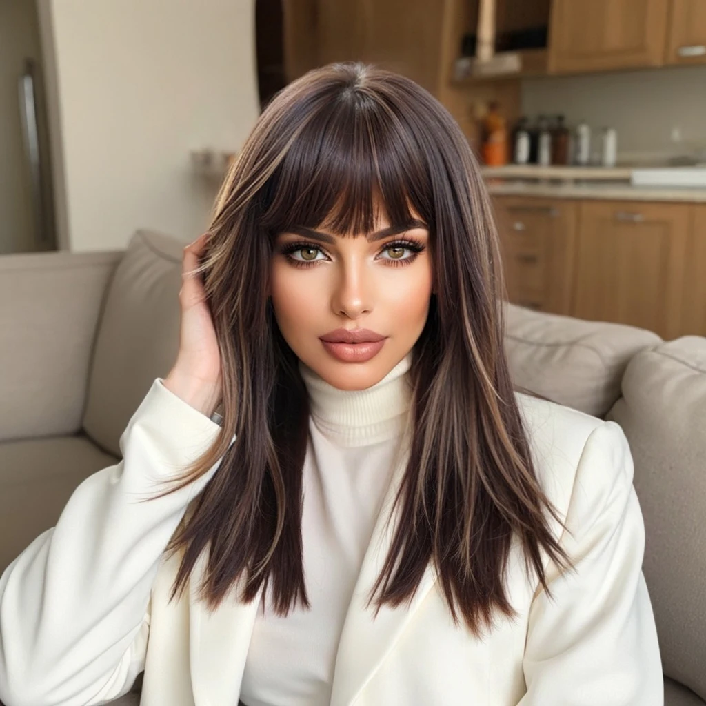 Medium Length Straight Layered Synthetic Wig Brown Highlight Wigs Natural Looking Wig With Bangs Heat Resistant Afro