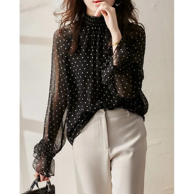 

2024 Autumn Women's Fashion Elegant High Neck Polka Dot Button Horn Sleeves Wooden Ear Chiffon Shirt Versatile Comfortable Tops