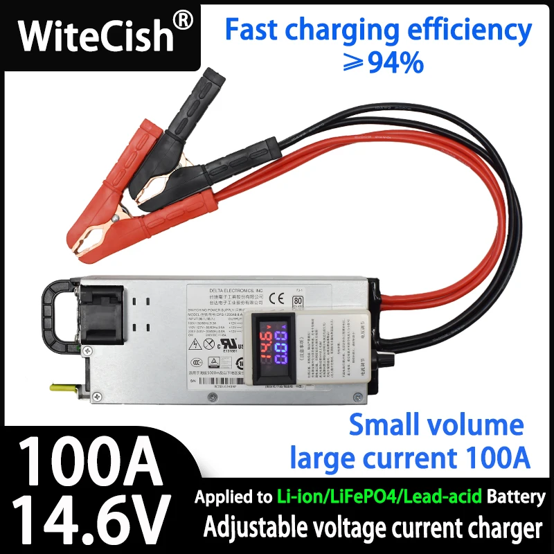 Chargeur RC 100A Anderson 120A connecté à une batterie via prise Anderson, en fonctionnement.