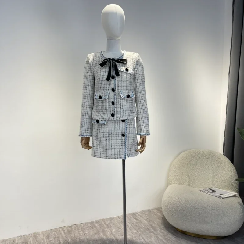 2022 Autumn Winter Top Quality Plaid Tweed Long Sleeve Jackets and Elegant Side Buttons Empire Skirt Suit 1 button side 1 button fob key case 2 buttons fix for nissan a33 remote key shell blanks