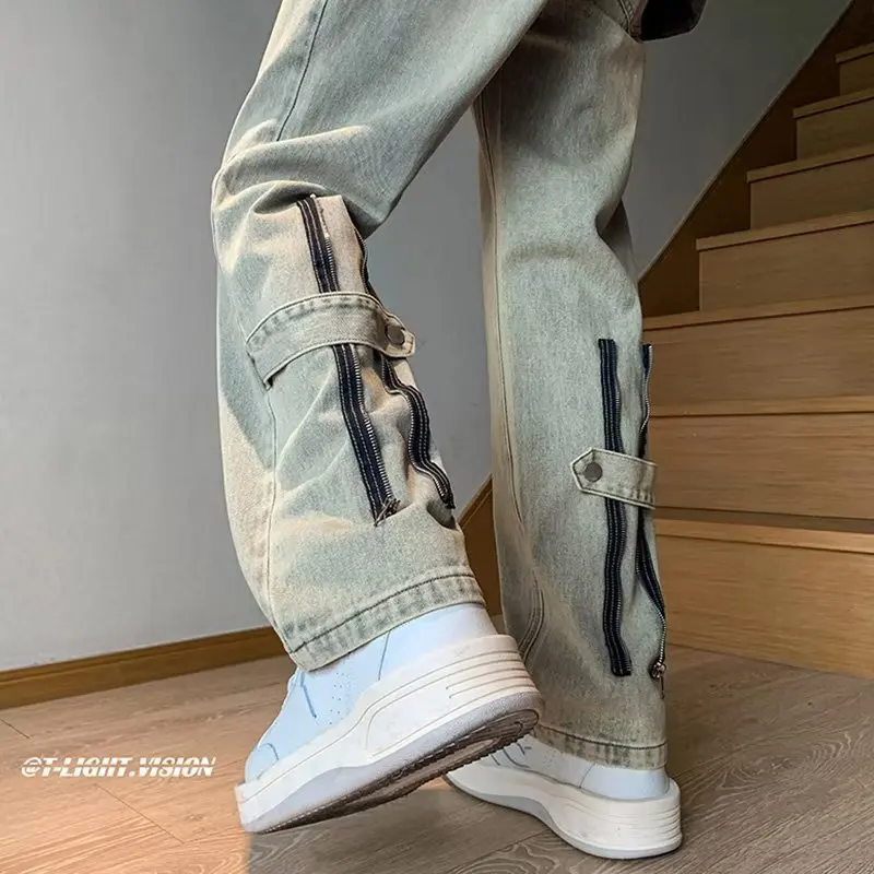 

Y2k Tide Yellow Mud Jeans Men Spring Autumn New Fashion Casual American Style Micro Horn High Street Vibe Straight Leg Long Pant