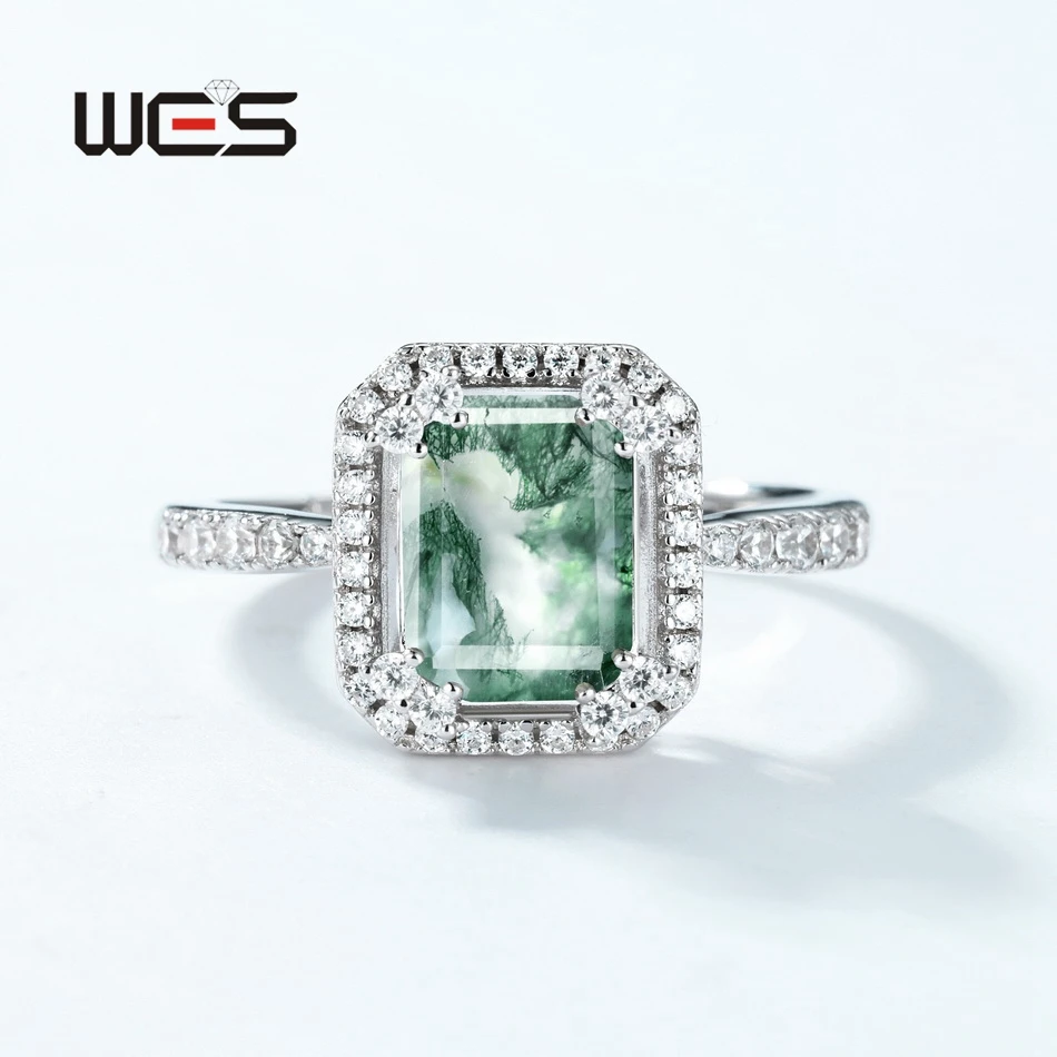 WES 925 Sterling Silver Geometric Natural 6*8mm Moss Agate Open Rings for Women Rhodium Plated Luxury Certified Jewelry Gifts