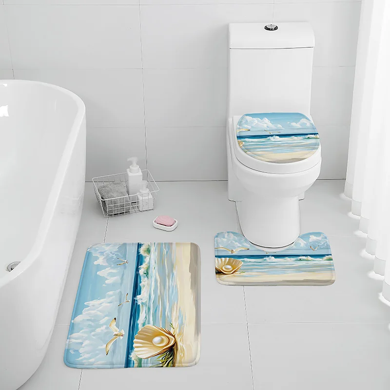 Washable 3-Piece Bathroom Rug Set Non-Slip Ocean Theme Toilet Mat Bathtub Foot Pad Door Mat Flannel Decor with Shell Print