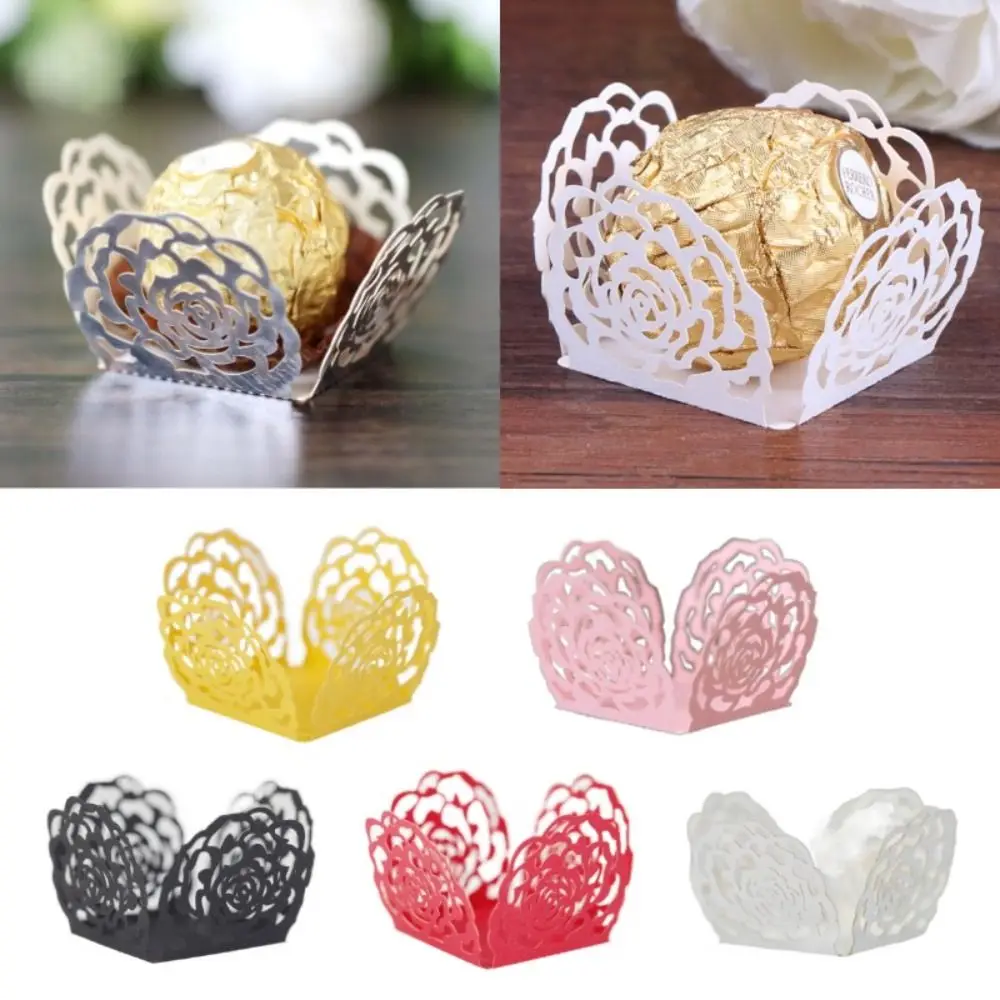 50pcs Chocolate Packing Chocolate Tray Paper Dessert Decor Rose Lace Truffle Wrappers Hollow-Out Chocolate Candy Cups Party