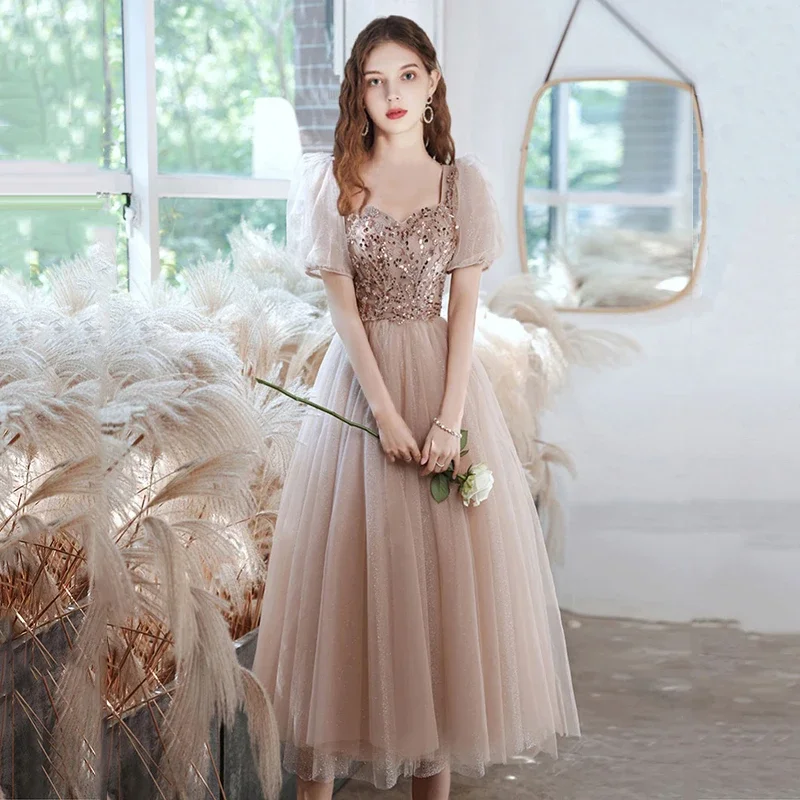 

Elegant Tea Length A-Line Dress Sweetheart Short Puff Sleeves Glitter Sequined Evening Gown Lace Up Back Robe De Soriee Custom