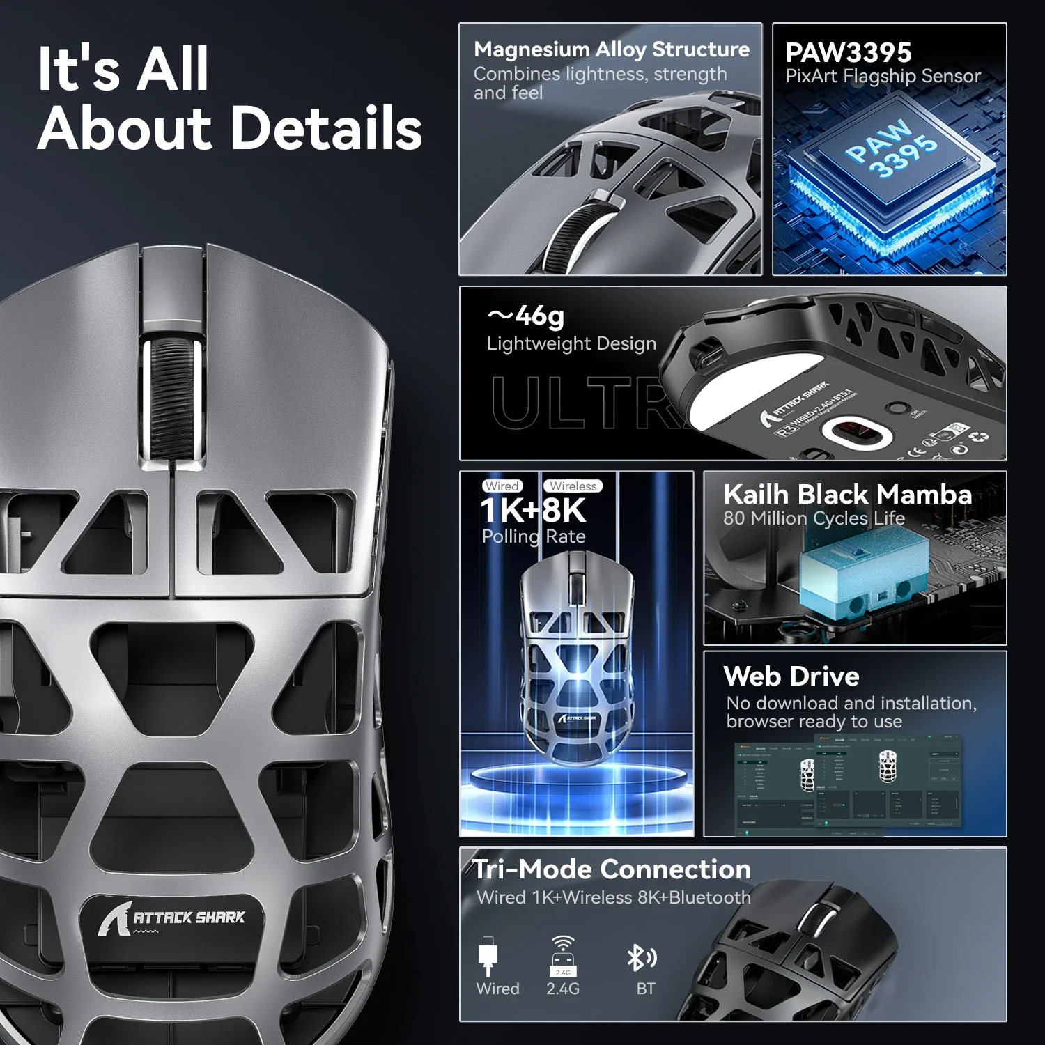 ماوس Attack Shark R3 8 كيلو هرتز مصنوع من سبائك ال...