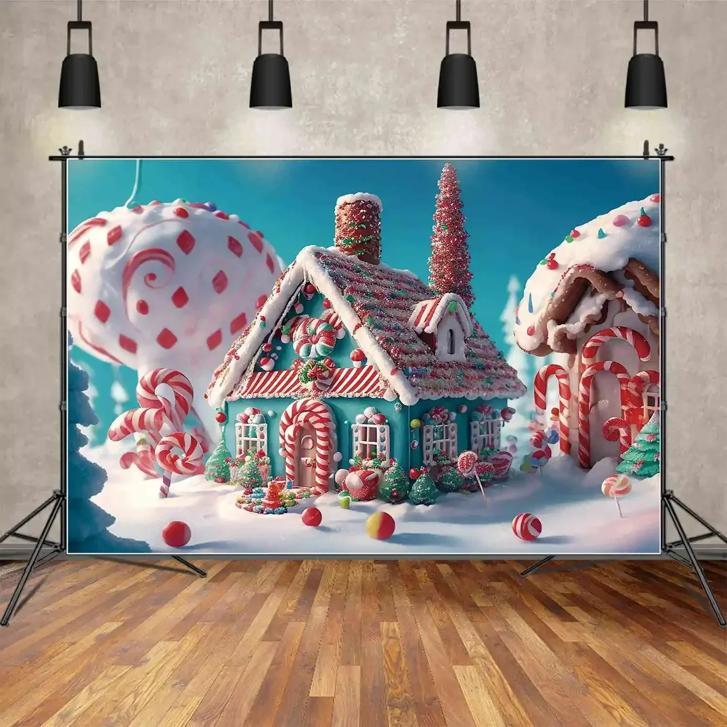 Gingerbread House Backdrop Cabine Infantil Home Fotografia Props Neve Fundo Red Glitter Tree Candy Decoration Moon.qg-natal - Image 2