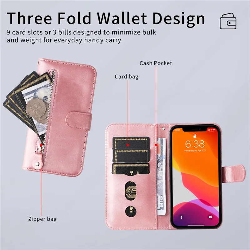 Flip Magnetic Leather Wallet Phone Case with Zipper Card Slot