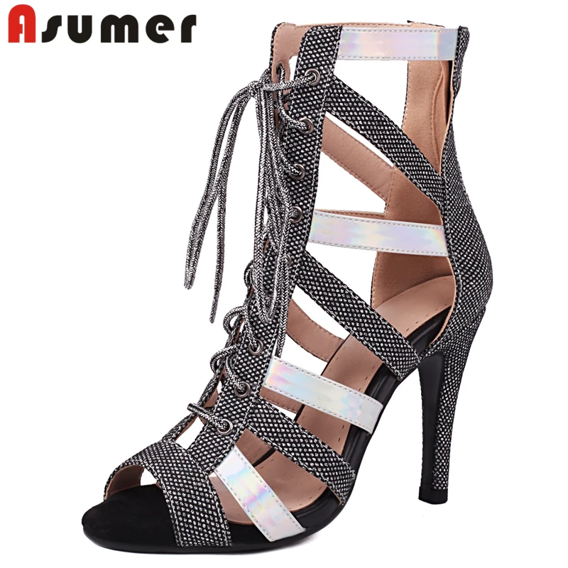 

Asumer Size 34-46 New Women's Sandals Peep Toe Stiletto High Heels Gladiator Sandals Sexy Lace Up Party Dance Shoes