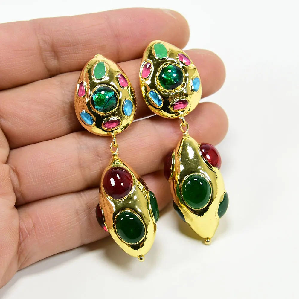 GG Jewelry Green Red Agate Gold Plated Oval Shaped Drop Dangle