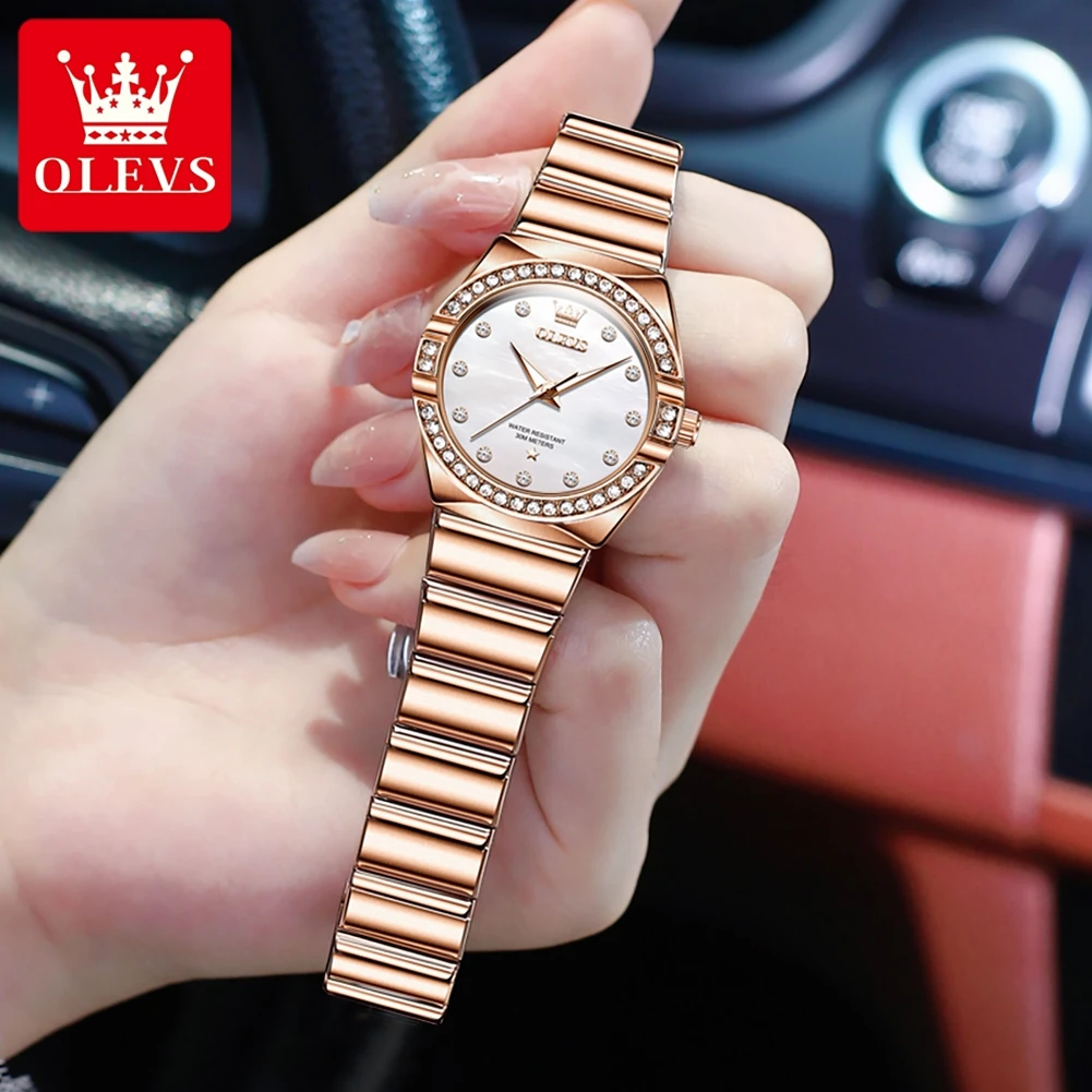 OLEVS Luxury Diamond Quartz Watch for Women Fashion Rose Gold Stainless Steel Strap Waterproof Womens Watch Relogio Feminino