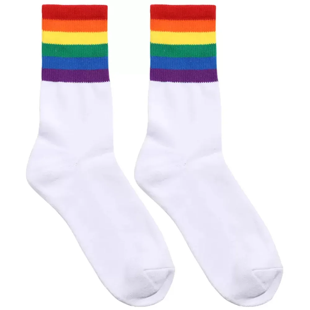 Men's White and Black Rainbow Rainbow Socks Sports Socks Medium Tall Casual Towel Bottom Cotton Socks