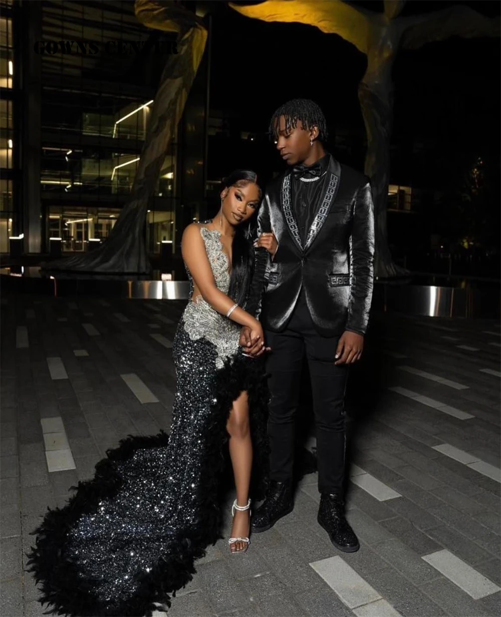 Prom Dress Black And Silver Prom Suits Black Velvet Sequin
