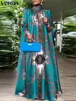 Plus Size 5XL VONDA Elegant Party Women Sundress Bohemian Stand Collar Sleeveless Printed Maxi Dress Casual Bat Sleeve Long Robe - Image 2