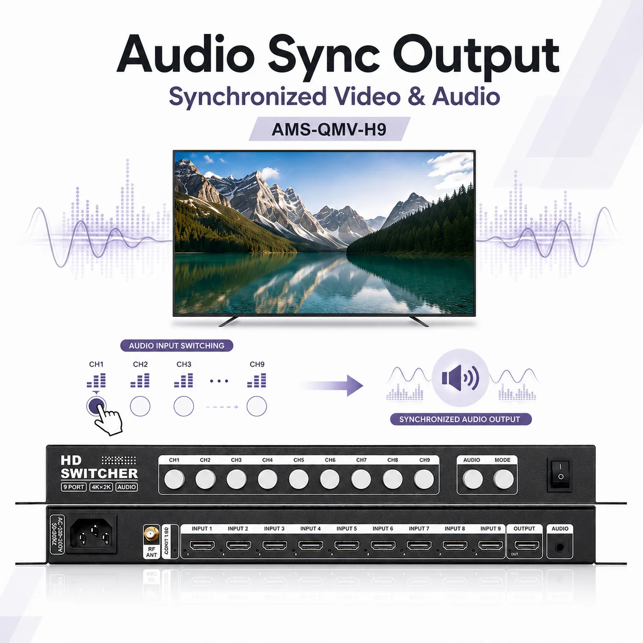 Amoonsky QMV-H4 H9 HD 멀티뷰어 심리스 스위처 4x1 9x1 4K30 오디오 출력 AV 동기화 RF 리모컨