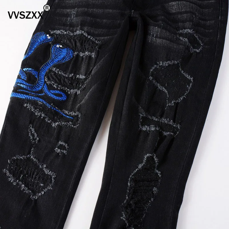 Men's Slim Fit Jeans Frayed Ripped Hole Patchwork  Snake Embroidery Denim Pants Streetwear Hip Hop Small Leg Jeans Trousers Male 4