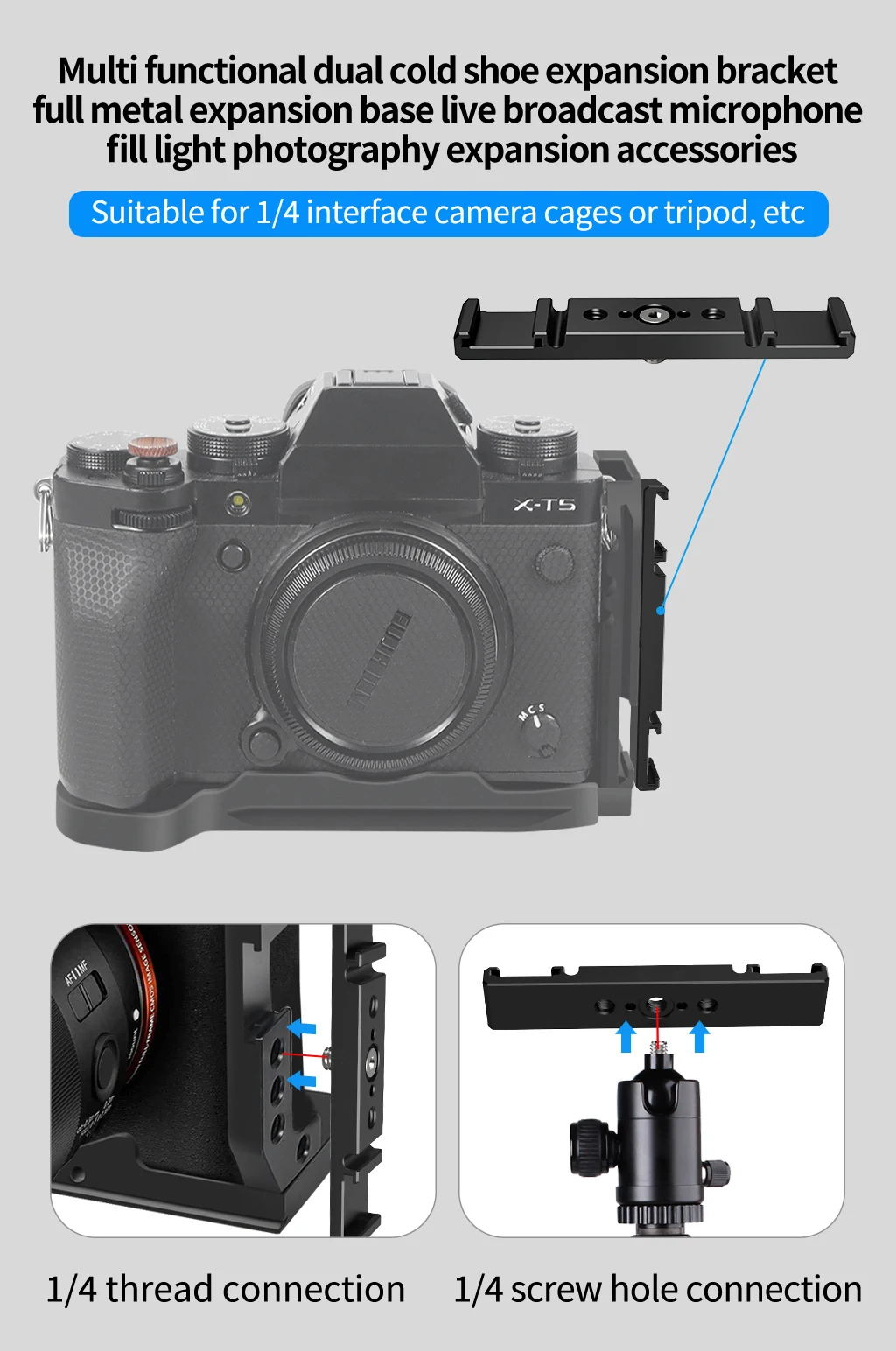 Double Cold Shoe Adapter 1/4 ARRI Mount Extension Bar 360 Rotatable Bracket for