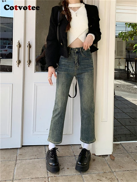 Cotvotee High Waisted Jeans for Women 2023 New Fashion Spring Casual Stretch  Washed Straight Mom Jeans Chic Vintage Black Pants - AliExpress