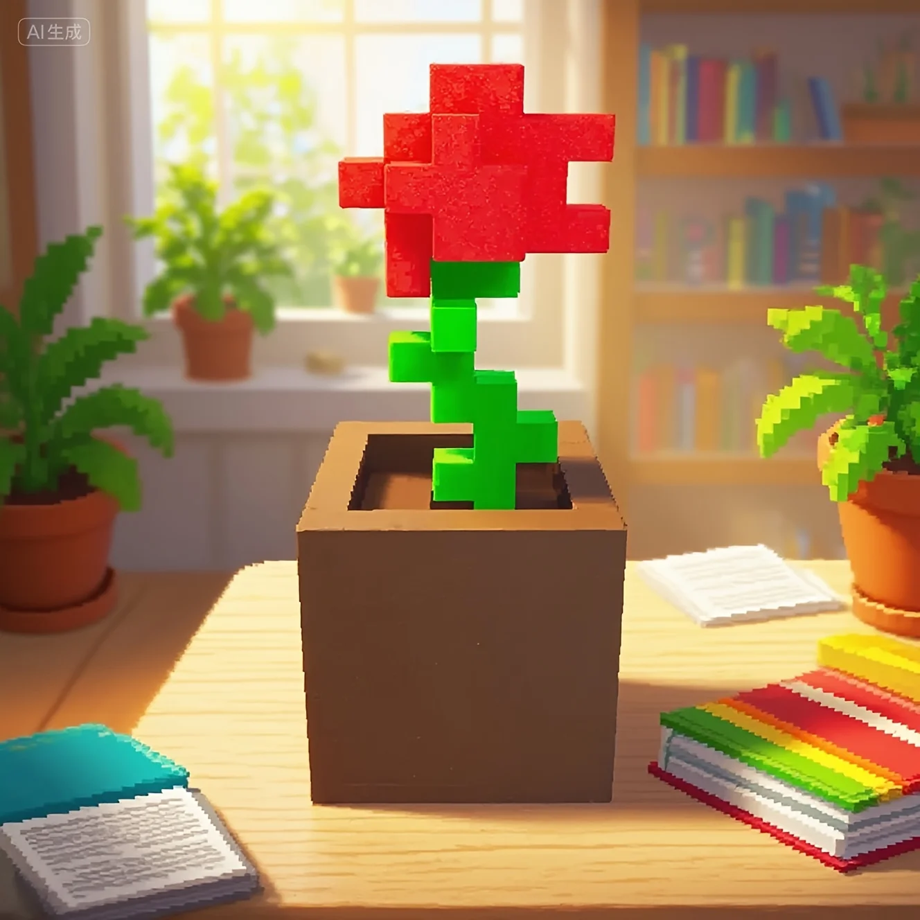 1 Piece Pixel Rose Flower Ornament, 3D Printed Unique Flower Decoration, Plastic Product, Suitable for Bedside Table, Desktop 6