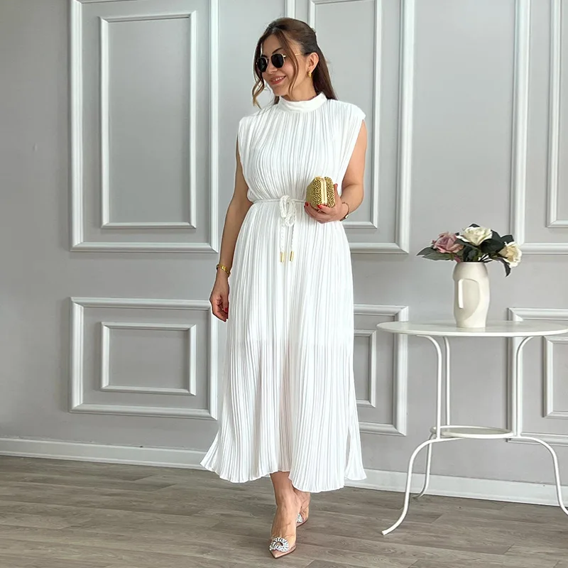 

Fashionable and Minimalist Mid length White Sleeveless Dress for Women Spring/Summer New Half High Neck Waist Tie up Dresses
