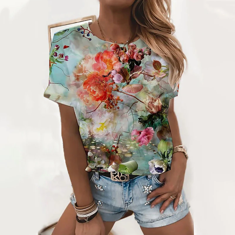 3D Sunflower Print Women's Floral Theme T-Shirt with Flower Printed Vintage Clothes, Harajuku Shirt Ladies Plus Size Tshirts tee shirts
