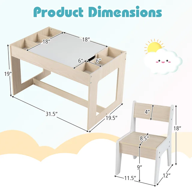 Multifunctional Kids Table & 2 Chairs Set w/ Removable Double-sized Tabletop