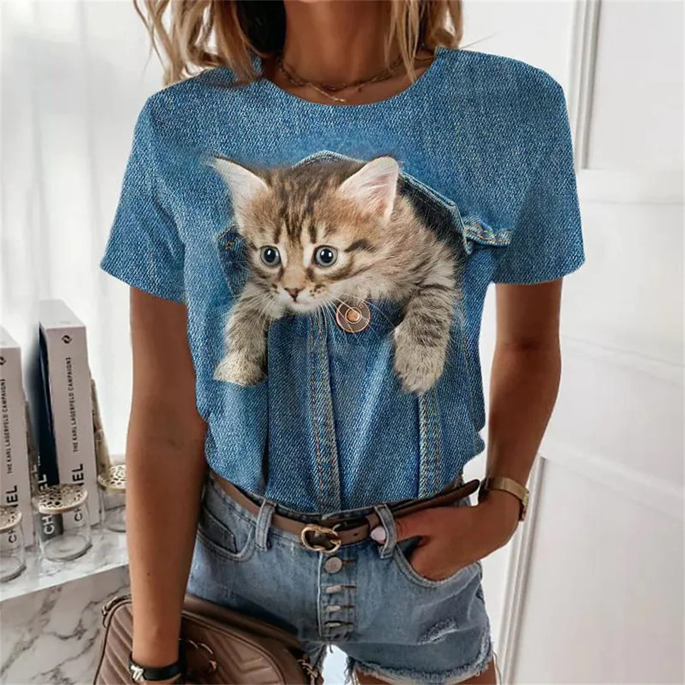 Compra online de Verão T-shirt Feminina Roupa Feminina Kawaii 3D Cat Print  Estética T Shirt Mulheres Moda Manga Curta Tops Tees Blusa Casual