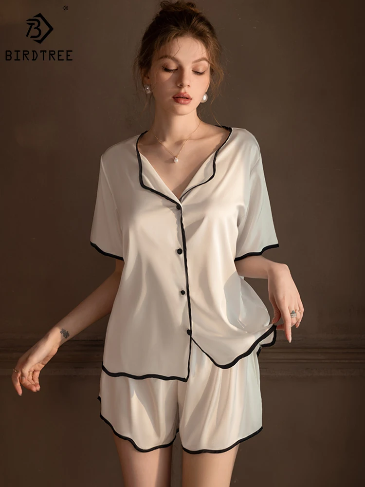 

Birdtree Real Silk Pajama Set Female French Lapel Solid Simple Short Sleeve Trousers Comfortable Loungewear Spring S41175QD