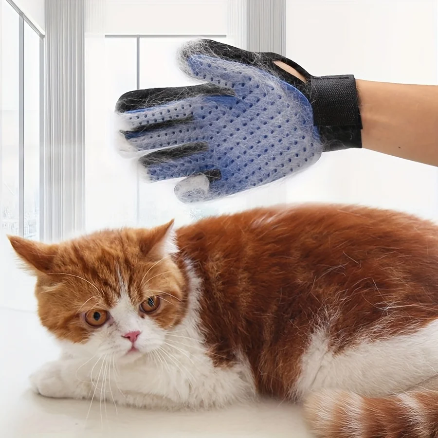 Pet Deshedding Grooming Gloves Silicone Five-Finger Massage Nodes Waterproof for Dog Cat All Hair Home Bath - Blue Palm Design