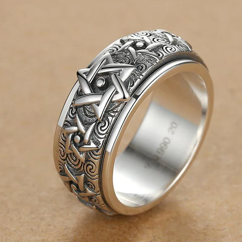 Silver ring Rotatable Silver Ring Men's Retro Creative Domineering Six-pointed Star Wide Version Thai Index Finger Closed Accessory