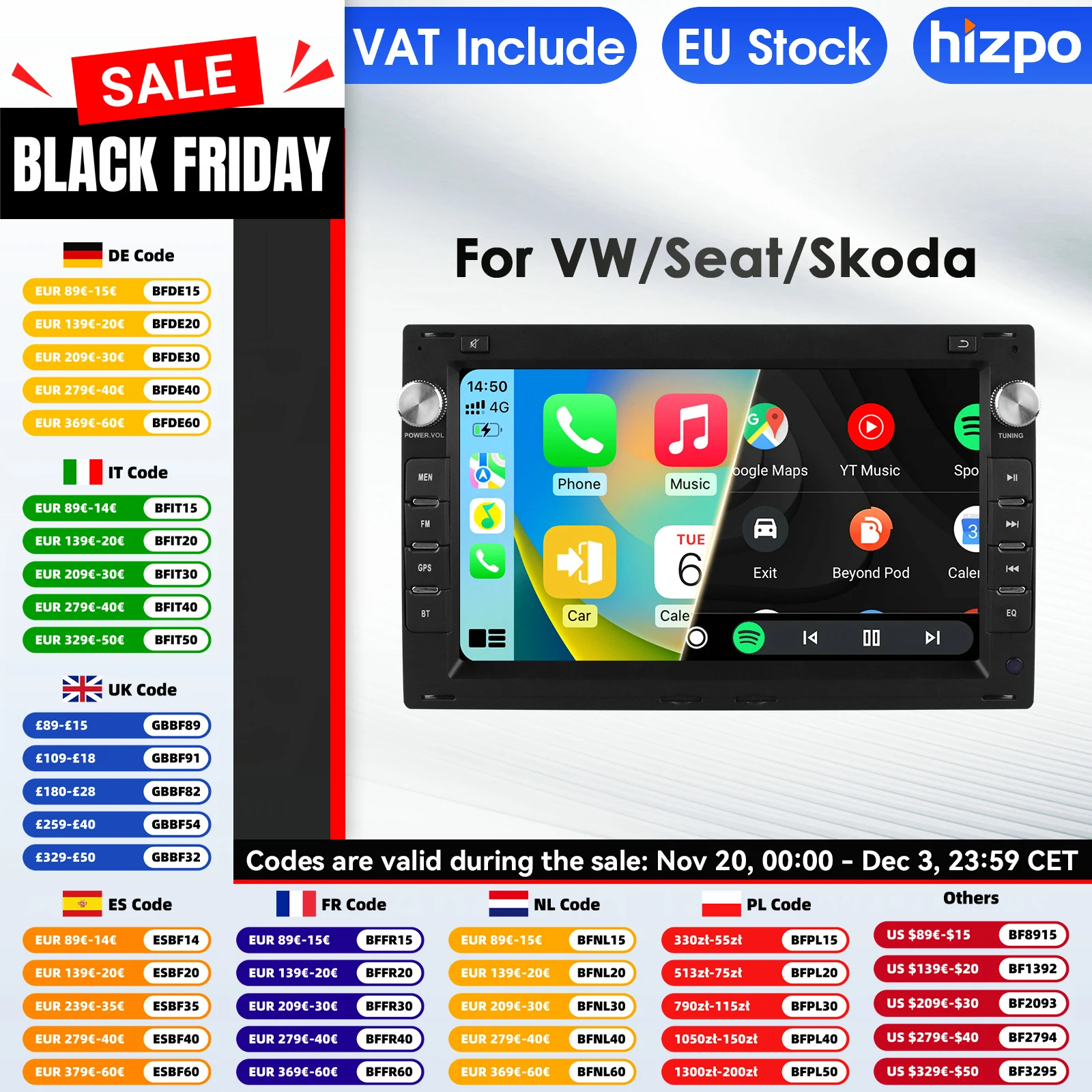 Hizpo 2 Din Android 14 reproductor Multimedia de coche para VW Golf 4 Passat POLO transporte T5 GPS Carplay 4G pantalla inteligente Autoradio 1