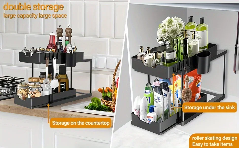 Description Picture 2 of item2-Tier Under Sink Organizers Storage Sliding L-shape Bathroom Kitchen Double Sliding Cabinet Drawers Multi-Purpose Storage Shelf