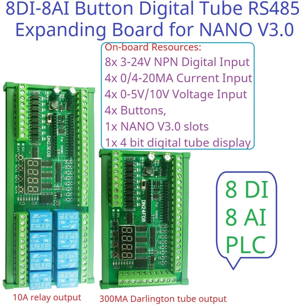 

Analog Collection DC 12V 24V 8DI-8AI 4-20MA 0-5V 0-10V RS485 Simple PLC IO Expanding Board for ARDUINO NANO Modbus RTU