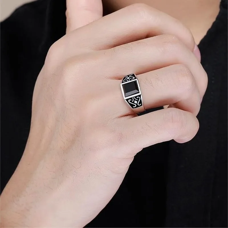 Silver Gemstone Ring New silver geometric diamond inlaid black agate gemstone men's lady adjustable ring