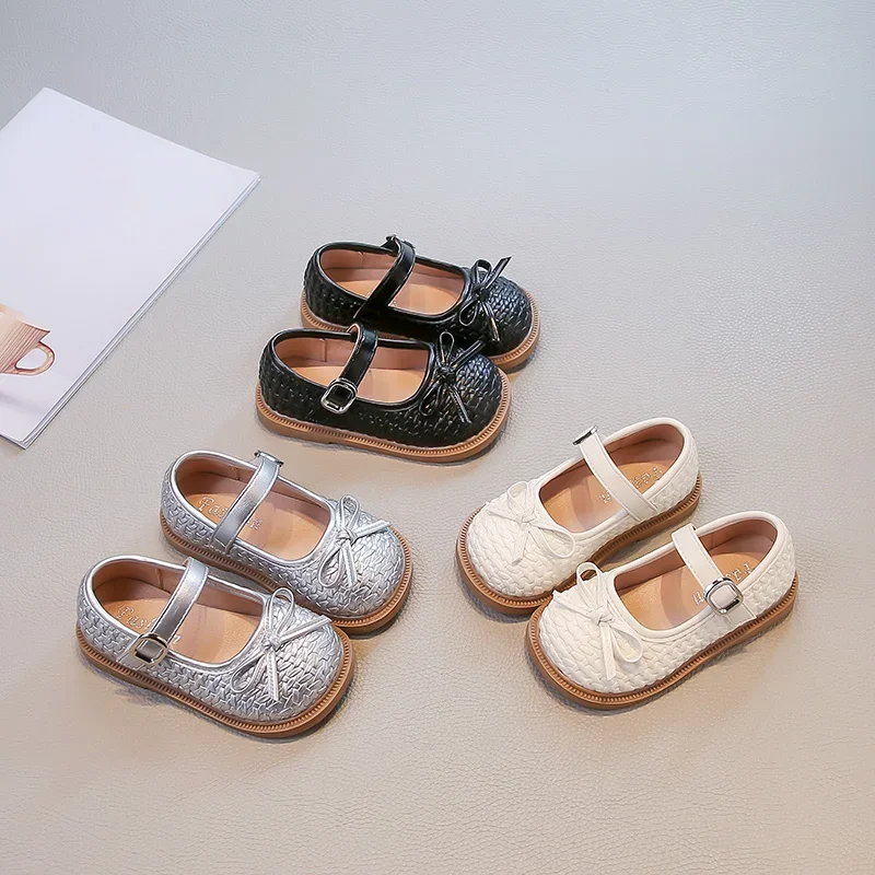 Girls Leather Mary Jane Flat Shoes with Fairy Bowknot