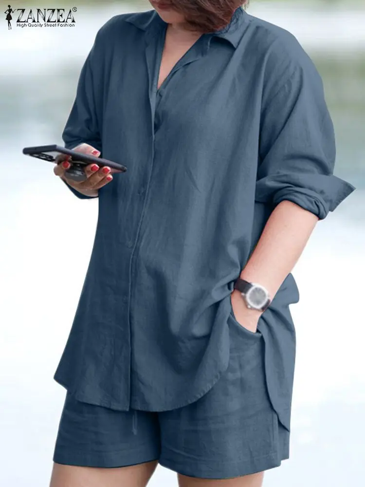 

Женский модный комплект ZANZEA, Весенняя блузка с длинным рукавом и воротником с лацканами, свободные шорты, элегантный Городской Спортивный костюм, повседневный уличный костюм