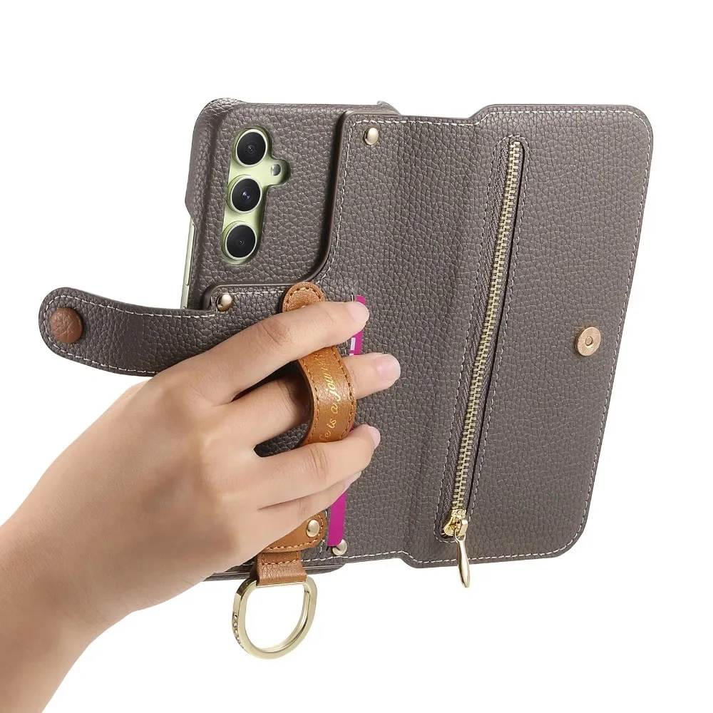 Card Holder Wallet Wrist Strap Ring Flip Phone Case