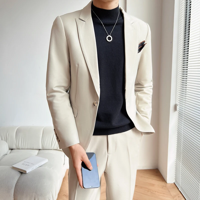 

New solid colour (suit + trousers) fashion British dress set Korean version of the trend of high-end handsome suit set two-piece