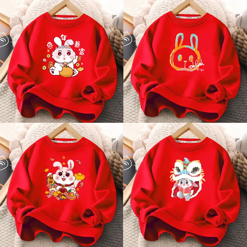 

2023 New Rabbit Year Red Kids Chinoiserie Sweatshirt Cute Rabbit Clothes Dance Lion CNY Fashion Good Fortune Clothing Sweater