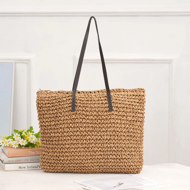 Straw Woven Beach Shoulder Bag Vintage Handmade Knitted Handbag Purse Rattan Clutch Bohemian Summer Travel Casual Shopping Totes