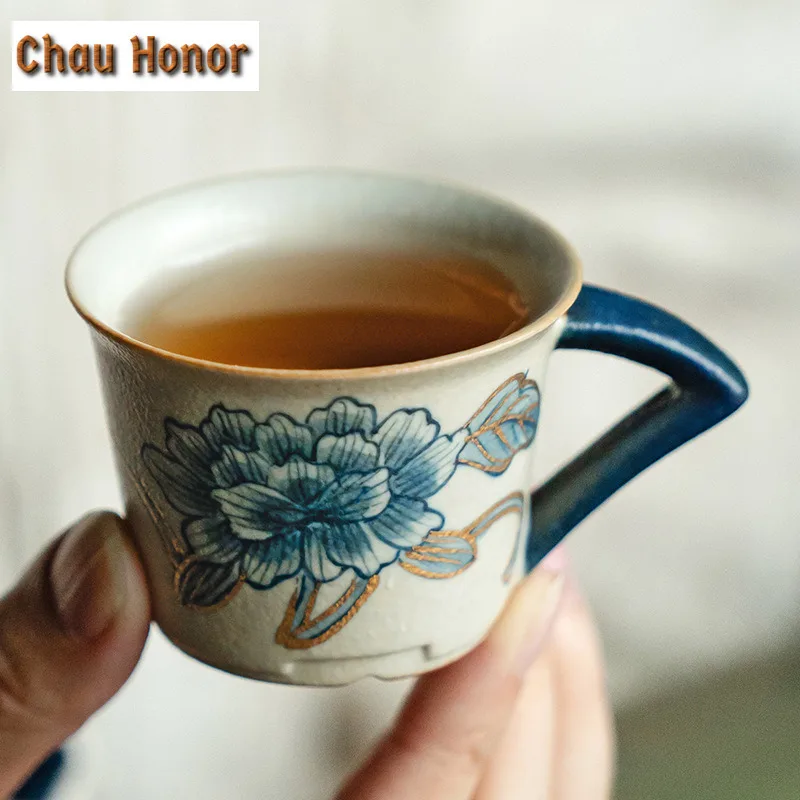 55ml Blue And White Flint Red Teacup Handmade Gold Drawing Peony Flower Tea Bowl Sample Tea Cup Master Cups For Tea Drinkware