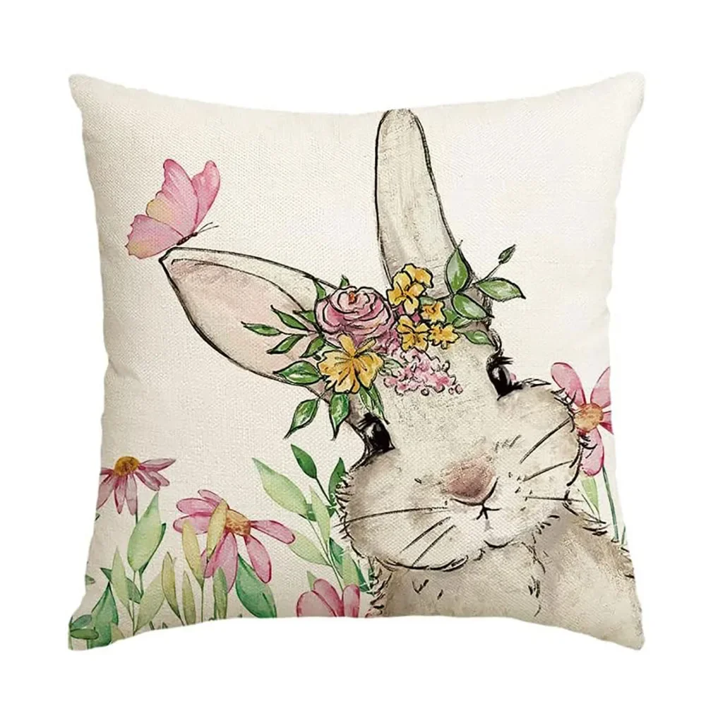 4545CMEasterCushionCoversLinenCuteBunnyEasterEggsPillowCover